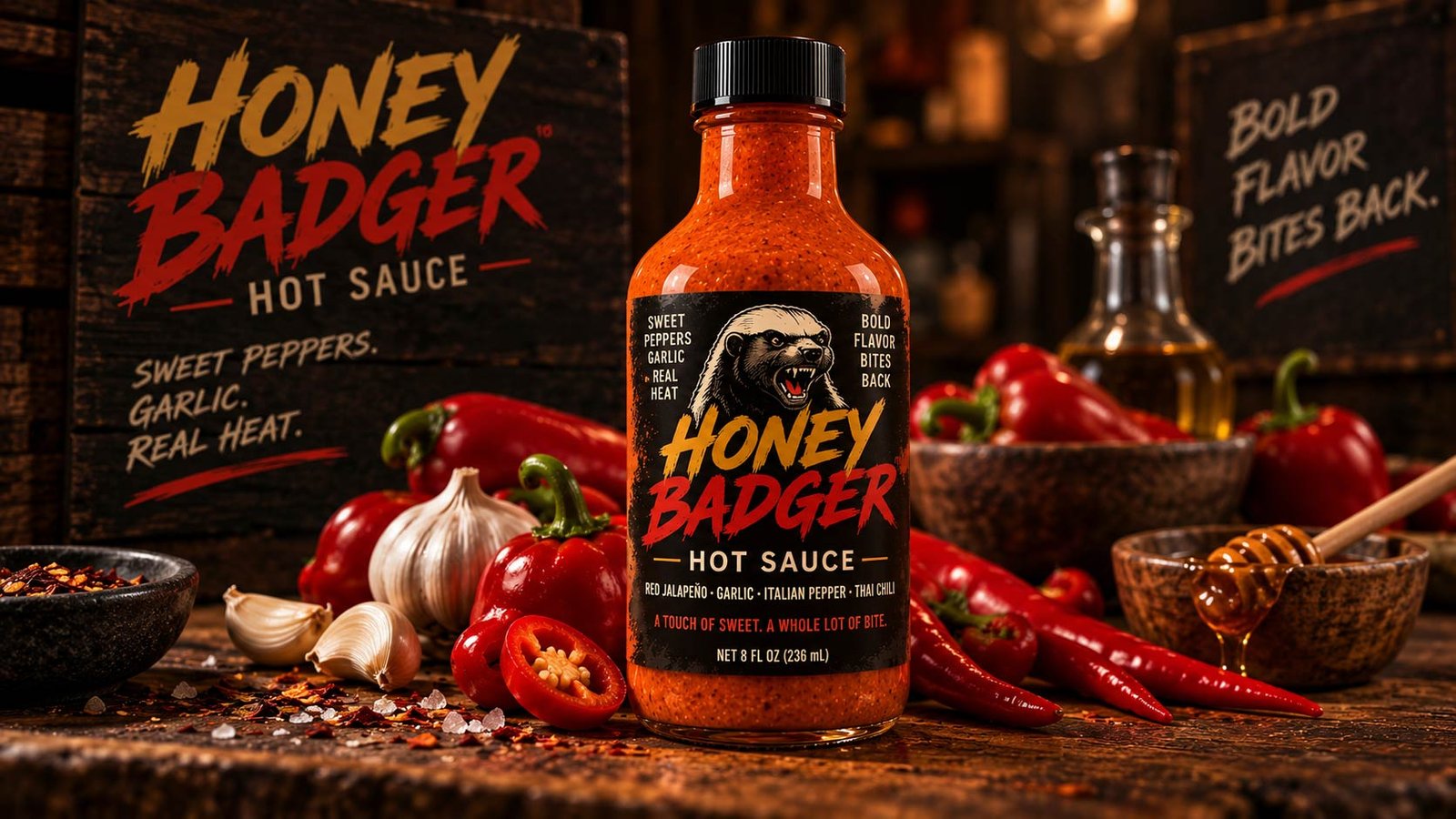 Honey Badger homemade jalapeño garlic hot sauce with jalapeños, garlic, and honey
